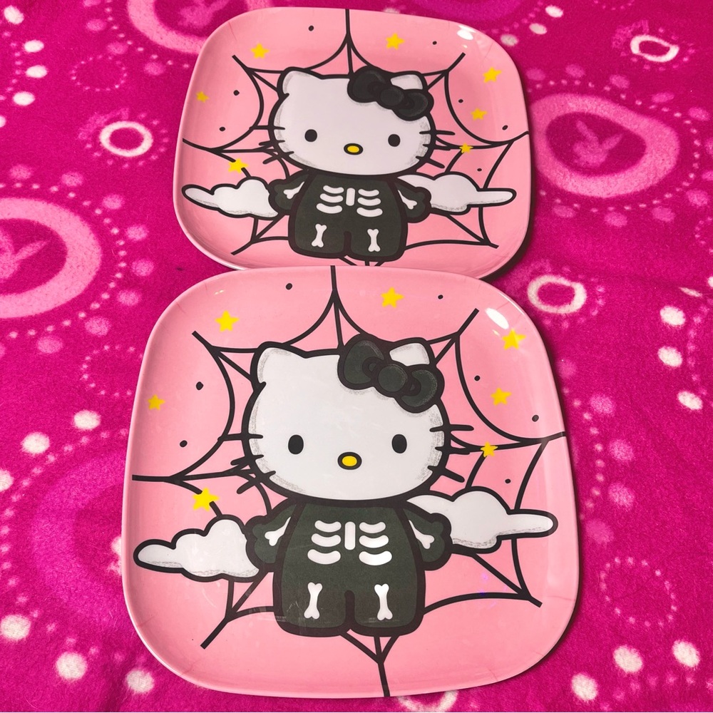 Hello Kitty Pastel Pink Goth Skeleton Spiderweb Squared Plates Set Of 2